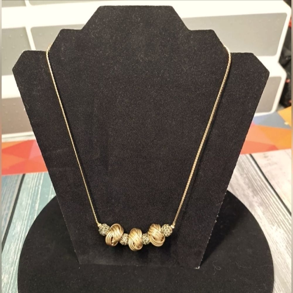White House Black Market Gold Tone Lover’s Knot Rhinestone Balls 18" Necklace